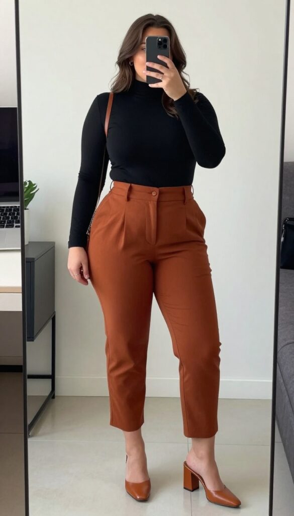 A woman in a black sleeveless turtleneck and high-waisted rust cropped trousers, posing in a mirror selfie with a structured mini bag and block-heel mules.