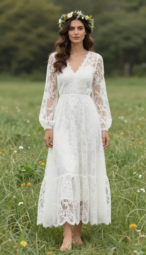 A young woman with wavy brown hair wearing a flowing white lace maxi dress with sheer long sleeves and a wildflower crown, standing in a sunlit meadow, barefoot sandals visible, natural lighting, full-body shot.