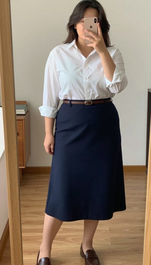 Woman in white button-down shirt and navy A-line midi skirt, half-tucked with a brown leather belt, standing in an office setting.