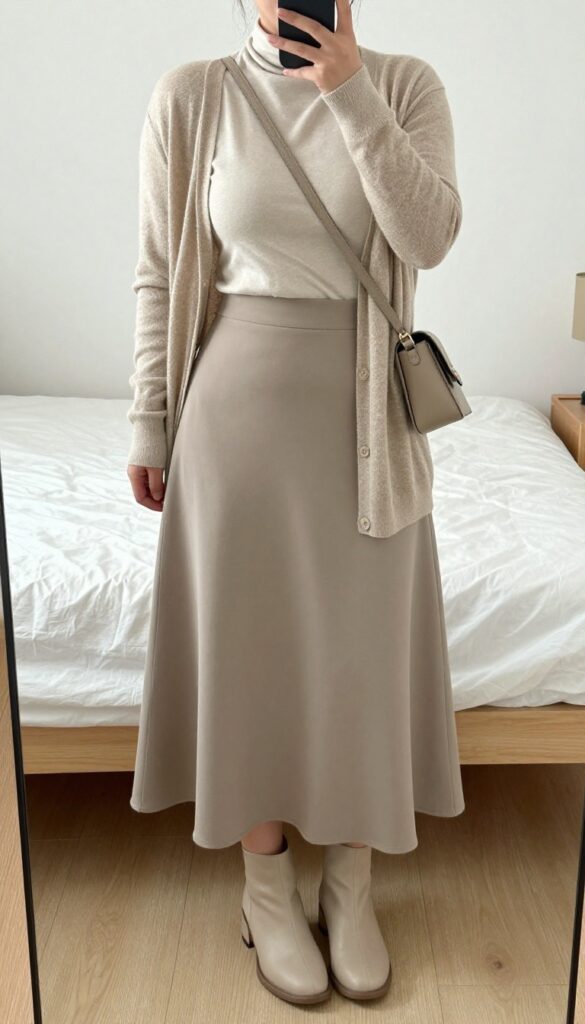 Soft knit cardigan paired with a flowing midi skirt and ankle boots in earthy tones for Korean business casual style.