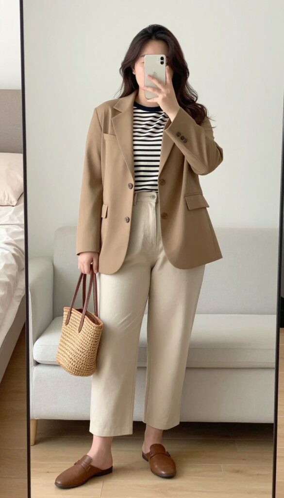 Woman in tan blazer, striped Breton top, and beige trousers posing in mirror selfie