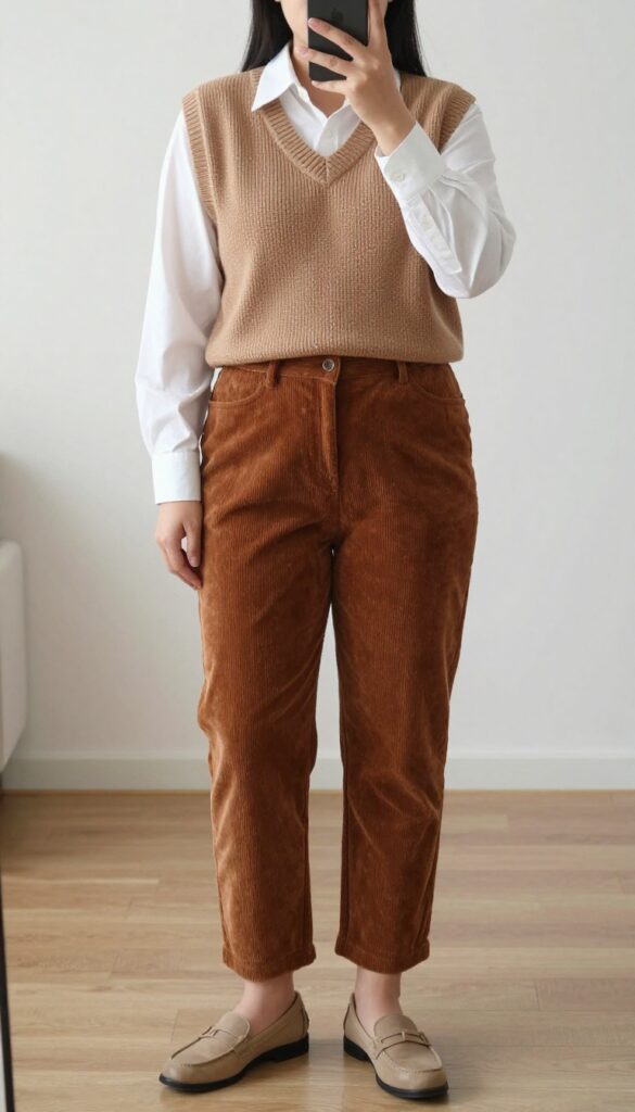 Plus-size woman wearing a sweater vest over a collared shirt with corduroy pants and loafers, looking polished and preppy.