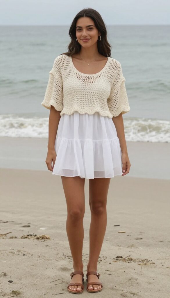 Woman in white tulle mini dress with crochet cover-up, flat sandals, and straw tote on beach