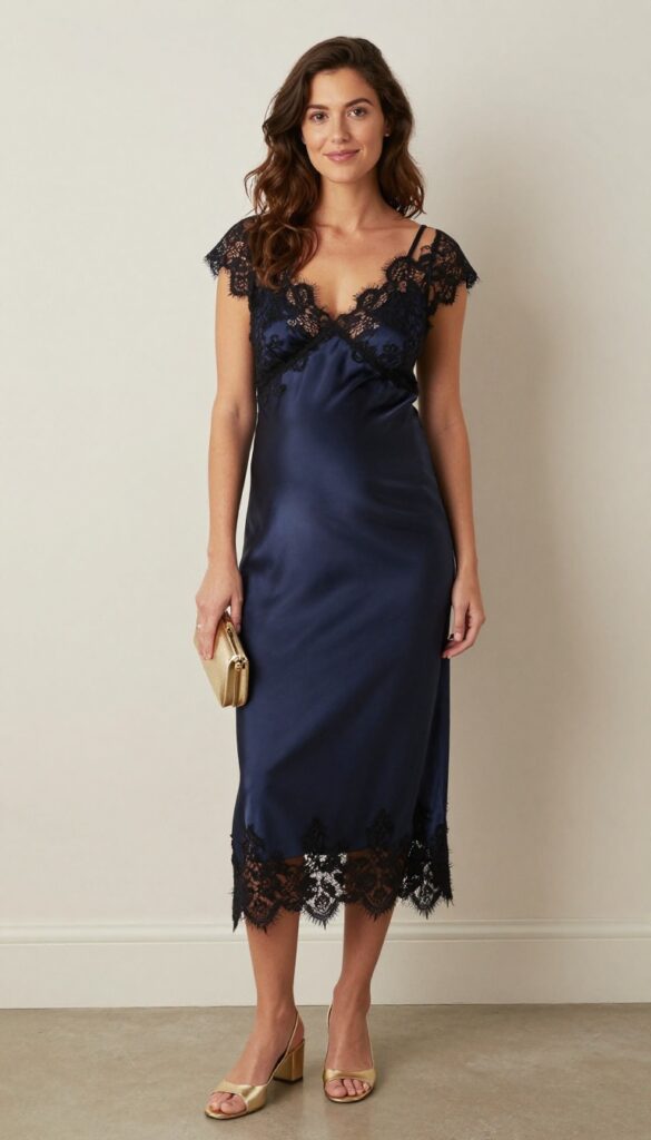 Pregnant woman in navy satin slip dress with sheer black lace overlay, gold heels and clutch, standing in elegant venue with hand on bump
