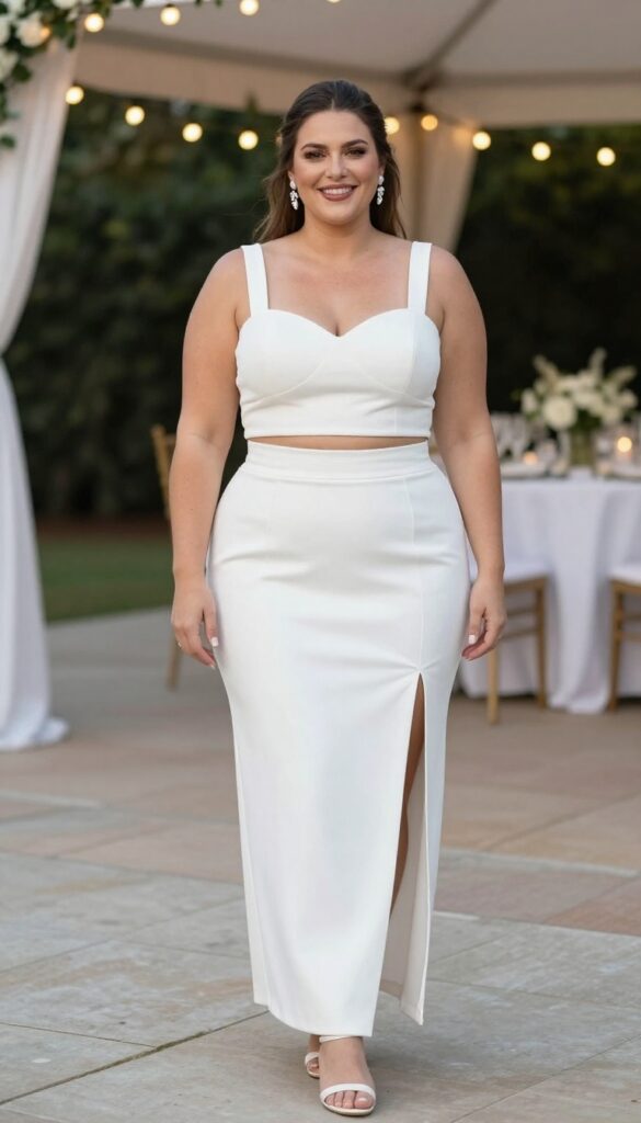 Curvy bride in a two-piece gown with crop top and high-waist skirt at outdoor evening reception