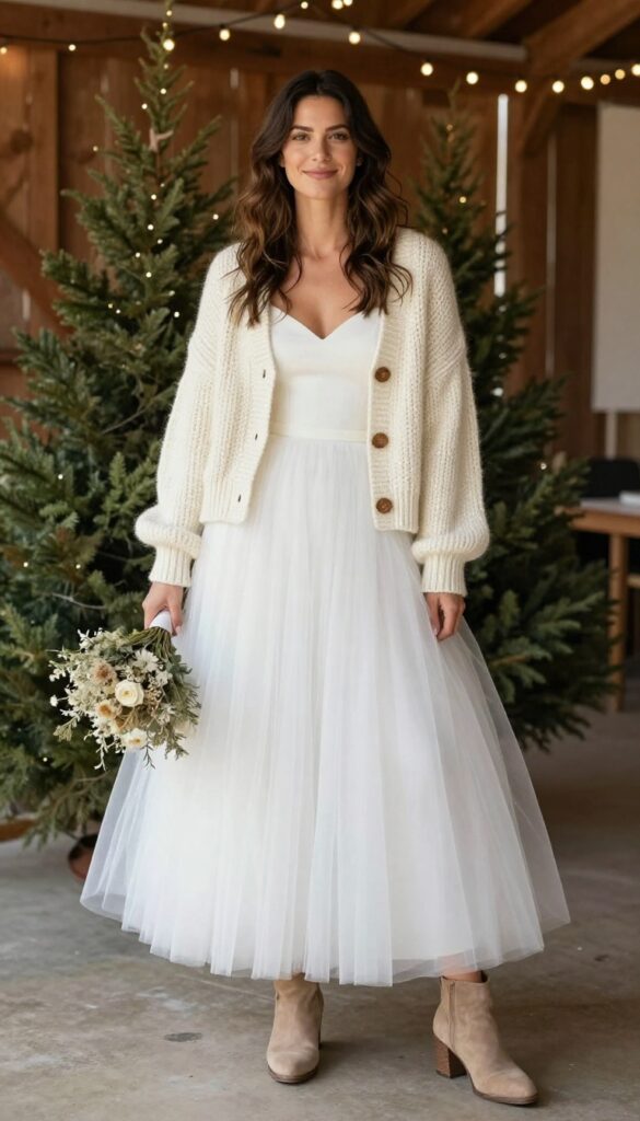 Woman in white puffy wedding dress with oversized cream knit cardigan in rustic barn with fairy lights