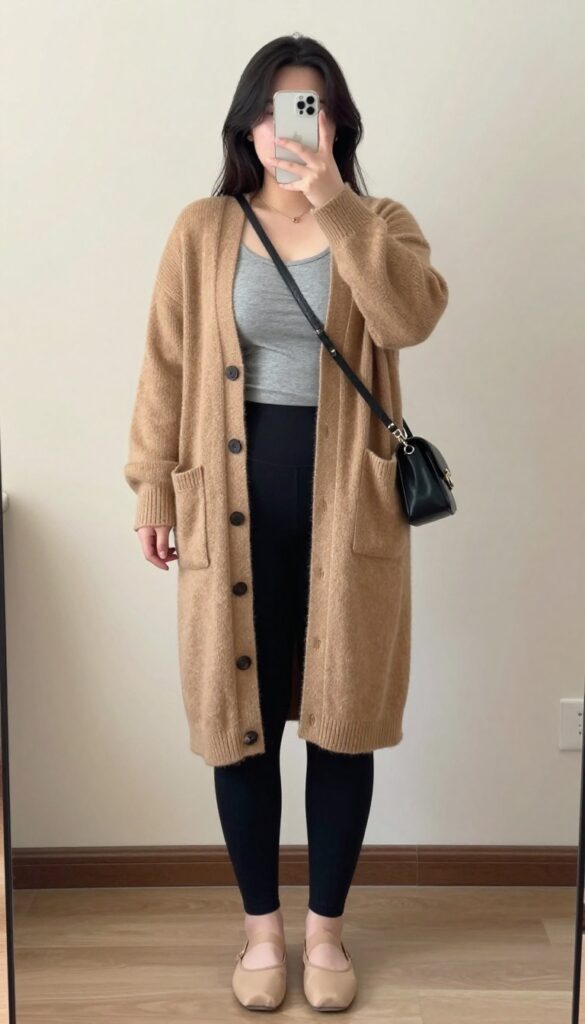 Woman in long cardigan, fitted top, leggings, ballet flats, and crossbody bag