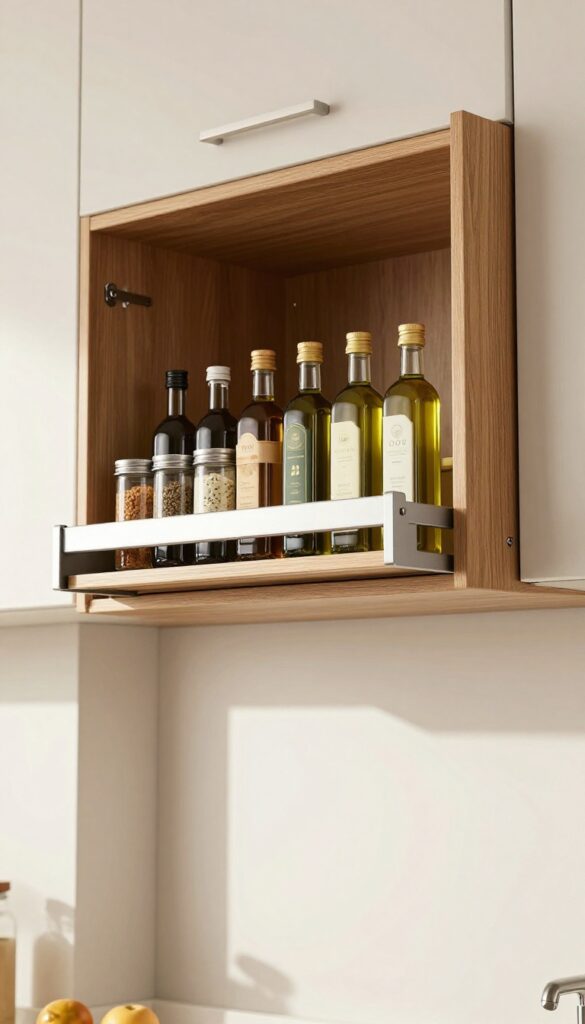 Pull-down shelf in upper kitchen cabinet with organized glass bottles and spice jars, bright natural light