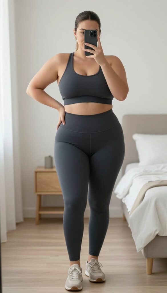 Plus-size woman in a matching dark charcoal sports bra and leggings set, wearing a zip-up jacket and sneakers, taking a mirror selfie in a bright room.