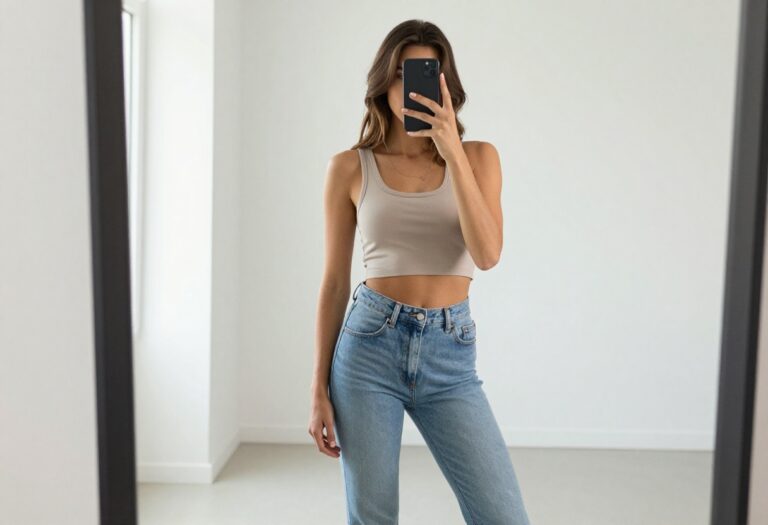 Tall woman in high-waisted wide leg jeans and cropped tank top taking a mirror selfie, showcasing a balanced summer outfit.