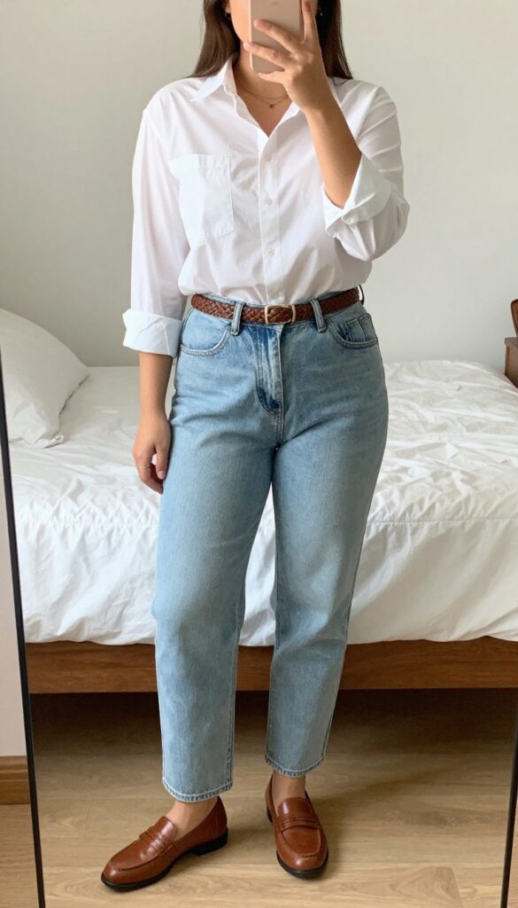 Petite woman in white button-down and light wash straight jeans with brown loafers and woven belt, half-tucked front.
