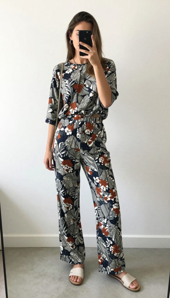 Woman in a printed two-piece set taking a mirror selfie, showing a matching floral top and wide-leg pants with white sneakers.