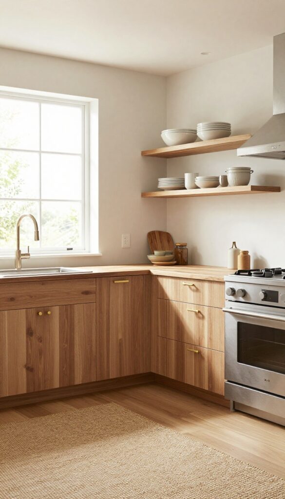 Bright kitchen with creamy off-white walls, butcher-block counters, open shelving, brass hardware, and jute rug.