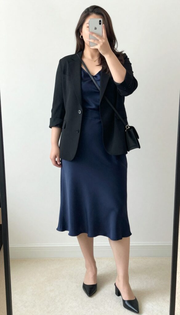 Woman in slip dress and blazer standing in office setting, looking polished and chic.