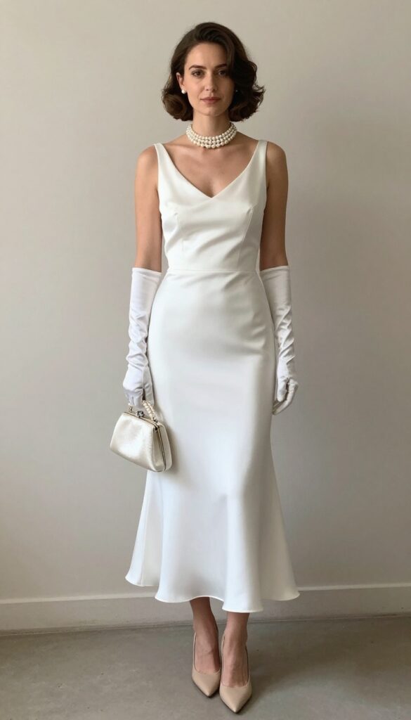 Woman in white satin wedding dress with pearl choker and long satin opera gloves, vintage updo, standing in elegant ballroom with chandeliers, holding satin clutch.