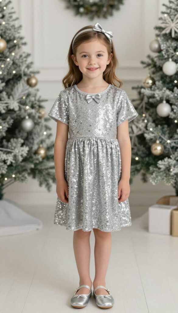 Young girl in silver sequined dress with floral bows, silver ballet flats, standing indoors with holiday decorations, smiling.
