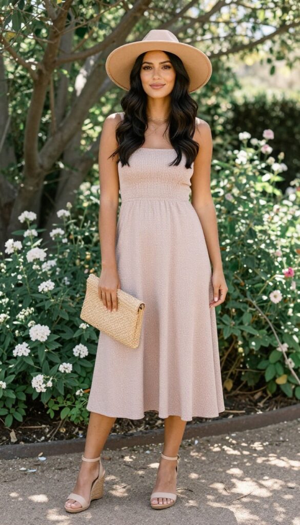 Blush A-line midi dress with wide-brim felt hat, nude wedge sandals, and woven clutch in garden setting