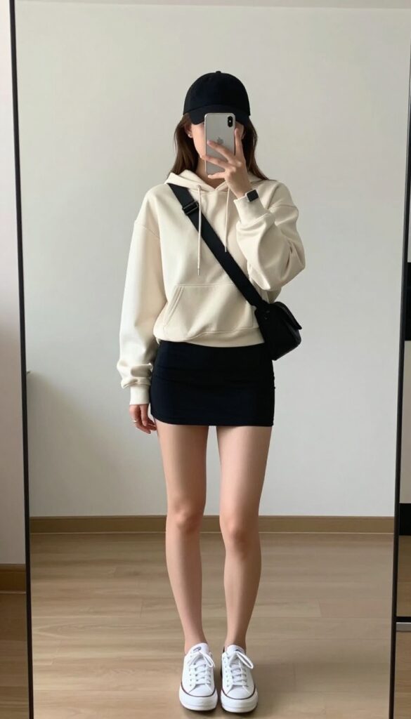 Woman in cream hoodie and black athletic mini skirt taking a mirror selfie, wearing white sneakers and a baseball cap, casual sporty outfit.