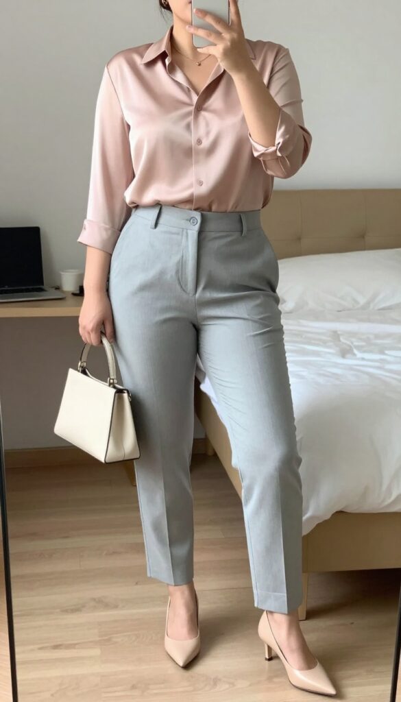Woman in blush silk blouse and gray tailored trousers with nude pumps and cream handbag, business casual outfit