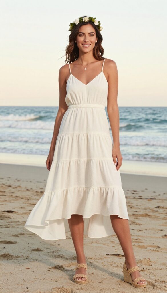 Adult woman with natural everyday proportions wearing an ivory high-low hem dress with tiered ruffles on a beach at sunset, floral crown in hair, woven wedge sandals, smiling and holding dress hem.