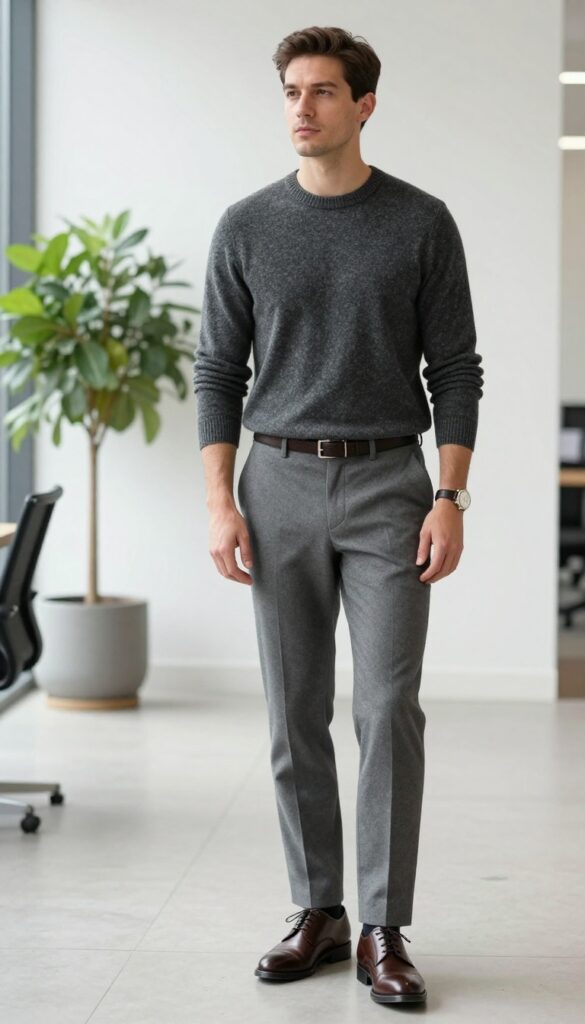 Man in cashmere crewneck and wool trousers for business casual outfit