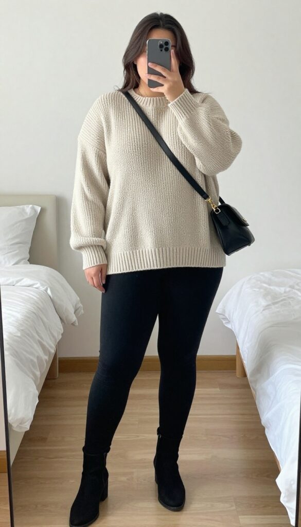 Woman in oversized chunky knit sweater and black leggings, front-tucked, with ankle boots and crossbody bag, standing in a cozy living room