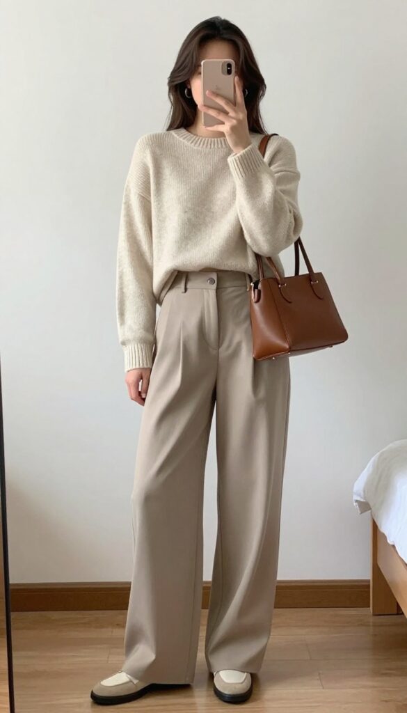 Woman in high-waisted wide-leg trousers and a cropped knit sweater taking a mirror selfie, showcasing a balanced vintage casual outfit with loafers and a structured handbag.