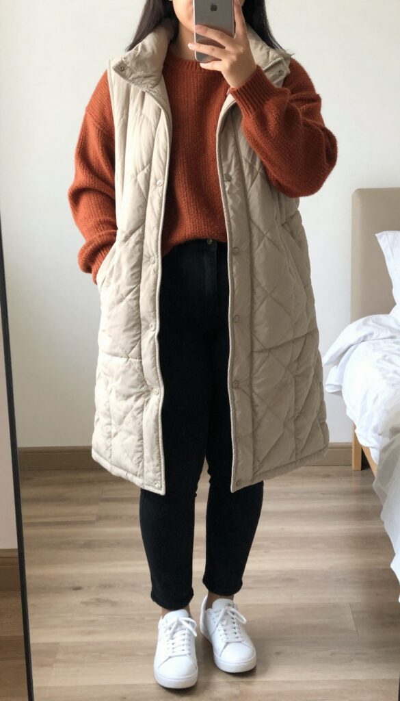 A woman in an oversized chunky sweater, longline puffer vest, black slim pants, and white sneakers, holding a coffee cup on a city street.