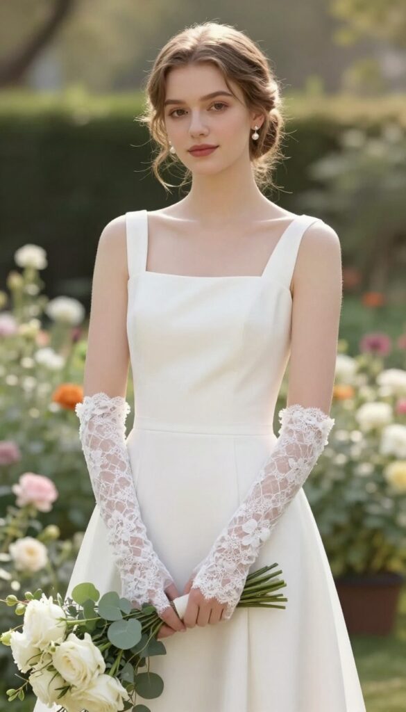 Woman in white square neck wedding dress with lace gloves in garden