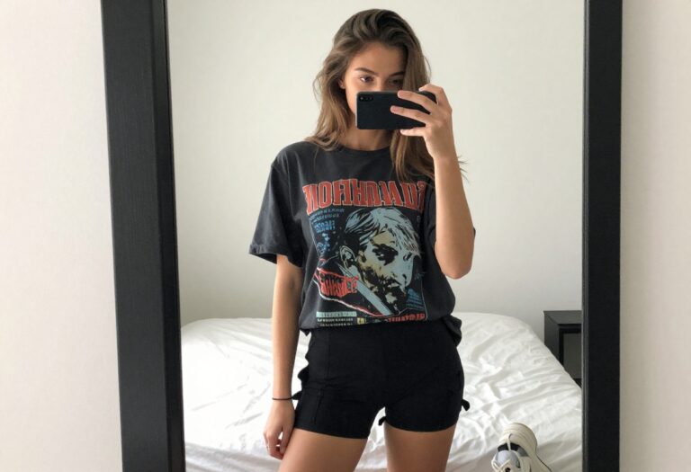 Teen girl in oversized graphic tee and black biker shorts taking a mirror selfie, wearing chunky sneakers and crew socks, casual fall outfit.