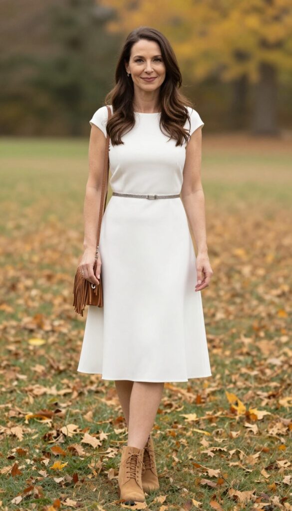 Young adult woman in a pearl white dress with silver belt, tan ankle boots, and brown fringe bag standing in a grassy field with autumn leaves.