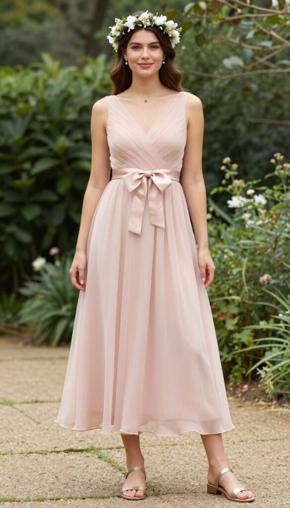 A woman in a blush pink empire waist chiffon dress with a bow under the bust, wearing a flower crown and flat gold sandals, standing in a garden.