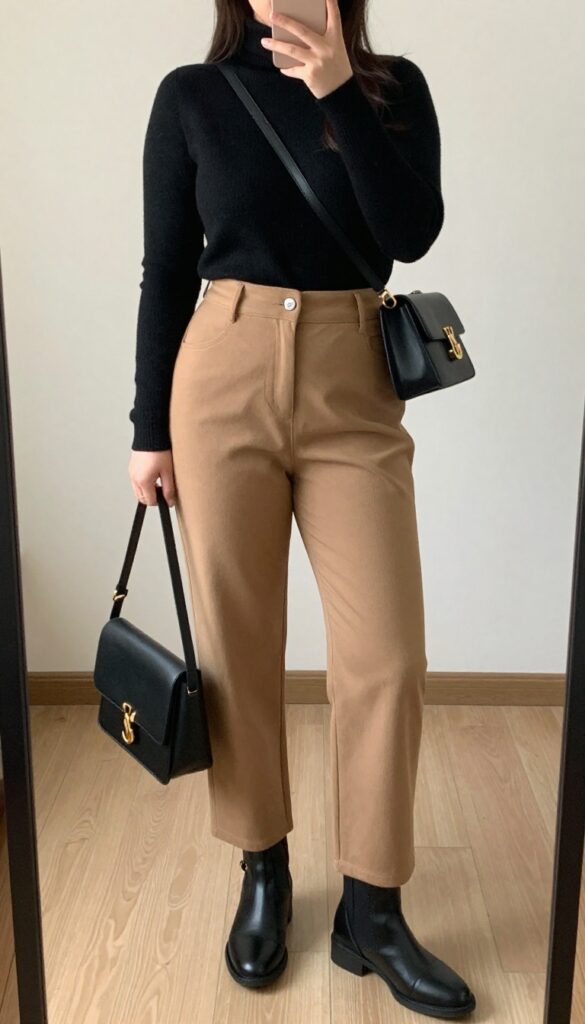 Plus-size woman in camel knit poncho, black turtleneck, camel straight-leg pants, and black ankle boots, holding a crossbody bag, posing in a mirror selfie.