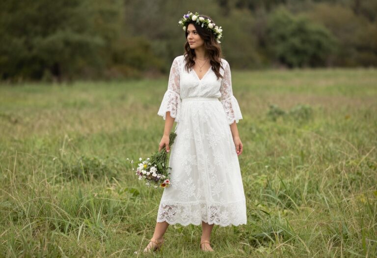 Boho bride in lace wedding dress with flower crown in meadow