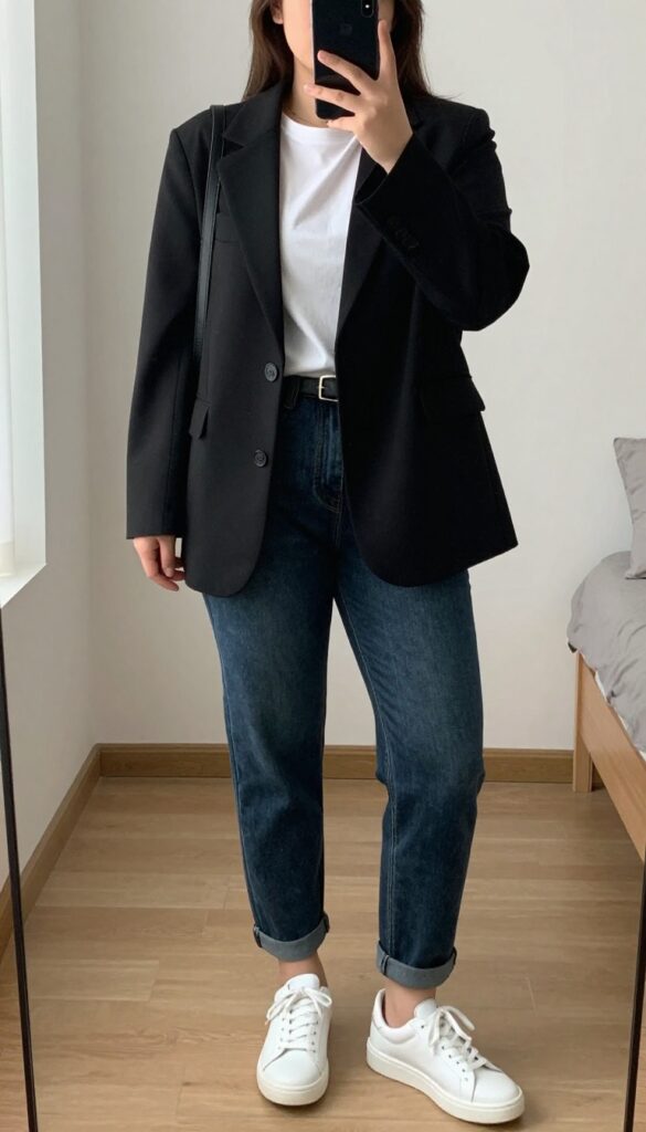 Woman in black blazer, white tee, black jeans, and white sneakers taking a mirror selfie in bedroom, phone partially covering face.