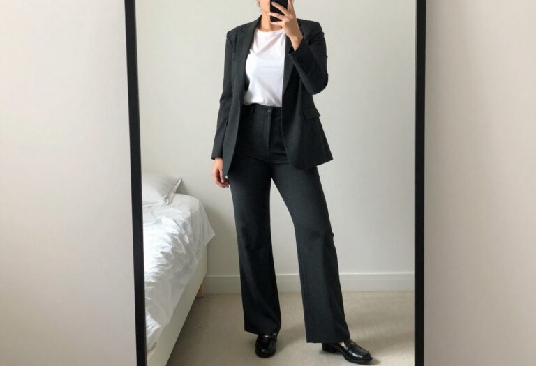 Woman in Mono Uniforms blazer and trousers taking a mirror selfie in bedroom