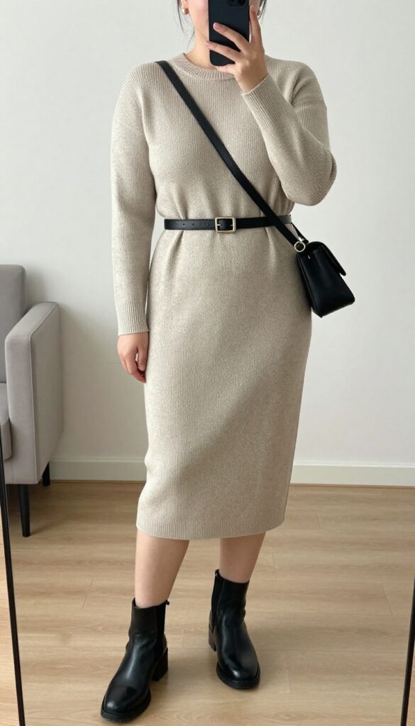 Model in midi sweater dress with leather belt and chunky ankle boots, taking a mirror selfie partially covering face with phone, bedroom background.