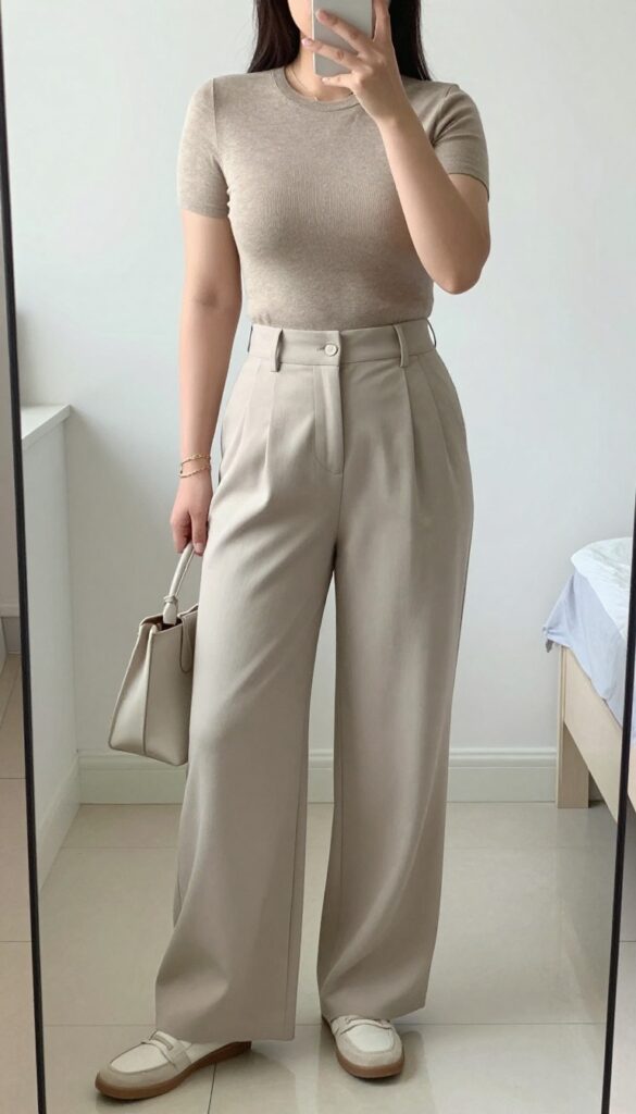 Woman in wide-leg trousers and fitted knit top, taking a mirror selfie in bedroom, phone partially covering face.