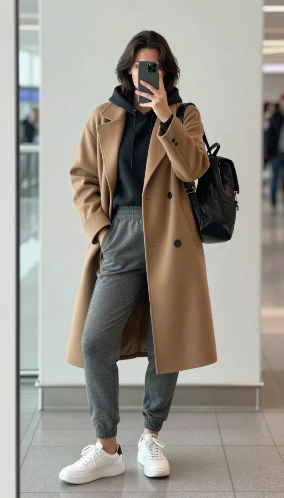 Plus-size woman in joggers and cropped hoodie taking a mirror selfie, wearing chunky sneakers and a long coat, with a backpack, in an airport.