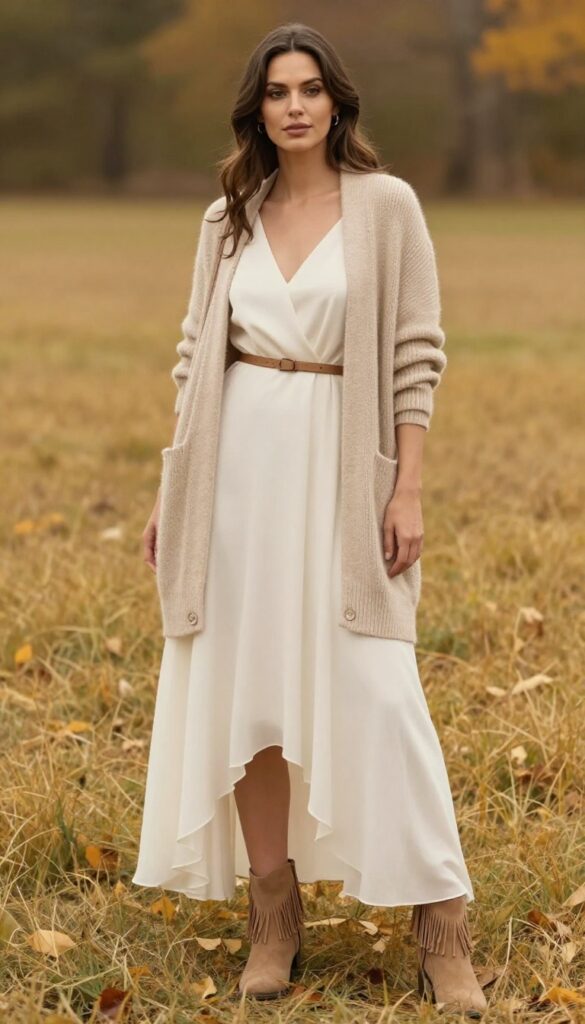 Young woman in cream open back wedding dress with beige knit cardigan and tan fringed suede ankle boots standing in grassy autumn field, smiling naturally.