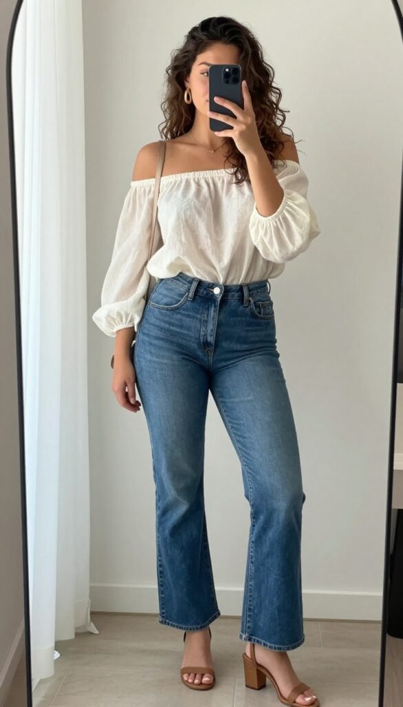 Woman in off-shoulder top and high-waisted flared jeans taking a mirror selfie, showcasing a feminine summer outfit with heeled sandals and statement earrings.