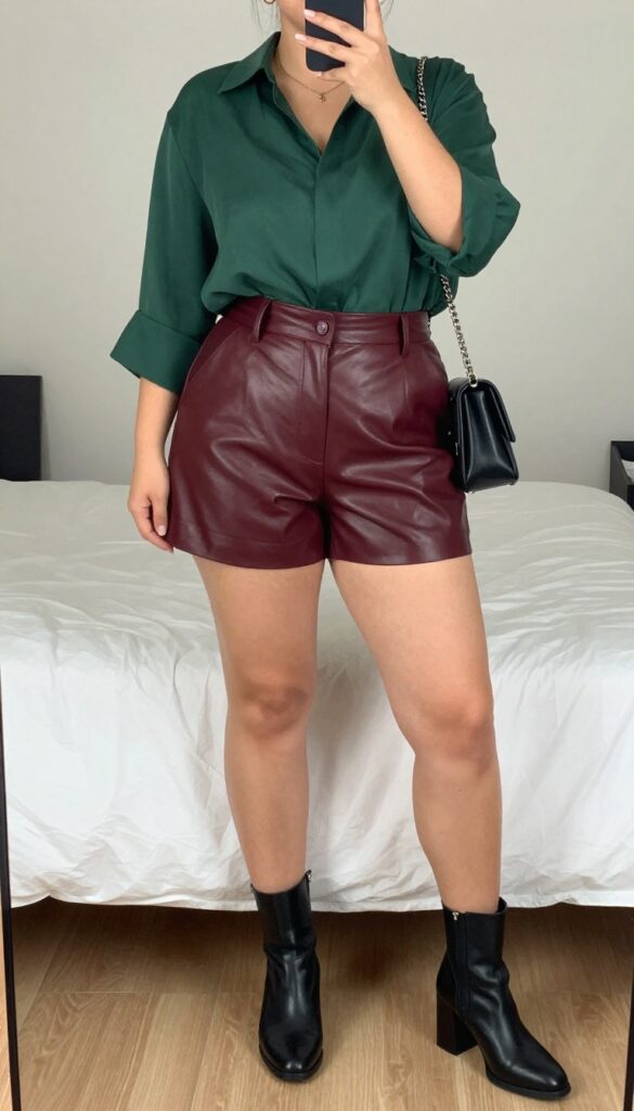 Model in leather shorts, soft blouse, and ankle boots, posing in a city setting.