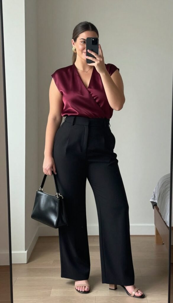 Plus-size woman in a satin wrap top and wide-leg trousers taking a mirror selfie, showcasing a dinner date birthday outfit.