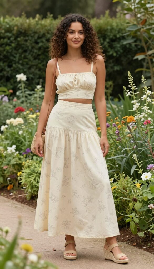 Woman in floral two-piece set in garden