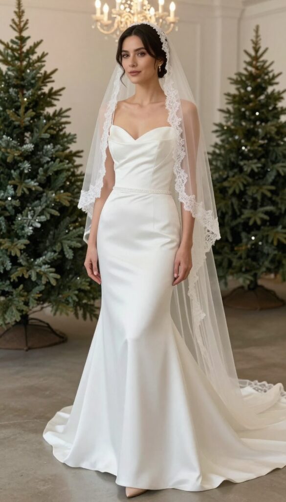 Woman in mermaid wedding dress with long edge veil in ballroom