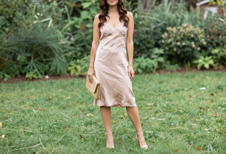 Woman in blush satin slip dress with floral embroidery, nude heels, and woven clutch in garden setting.