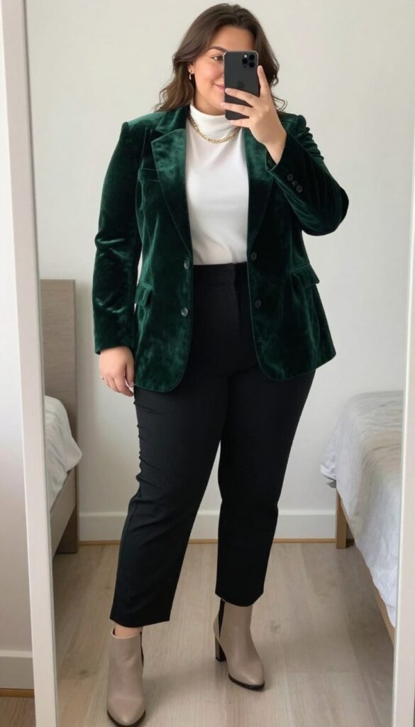 Woman in velvet blazer, white turtleneck, and wide-leg trousers taking a mirror selfie