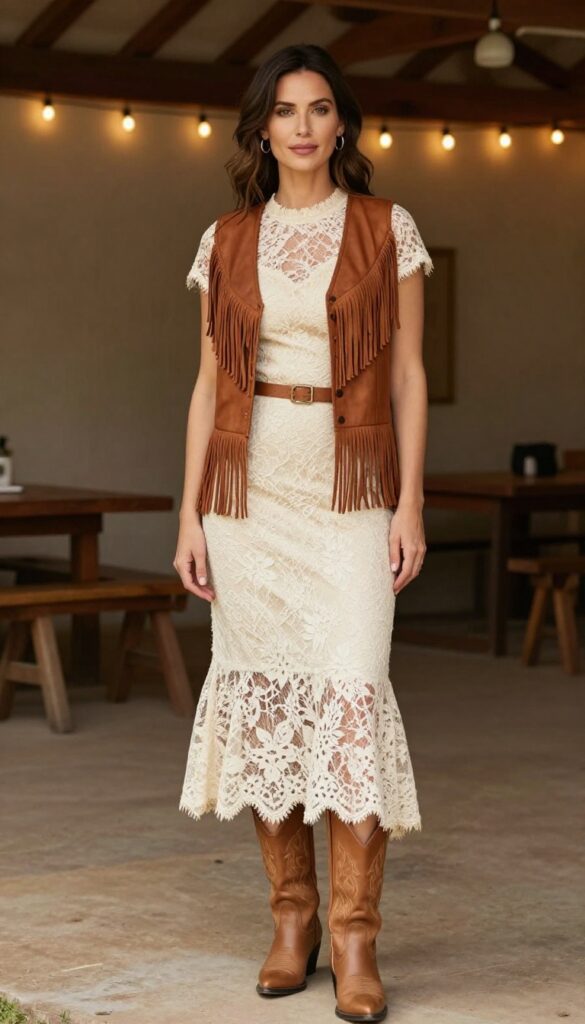 Woman in cream lace sheath dress and brown fringed leather vest, tan cowboy boots, standing in rustic barn with string lights.