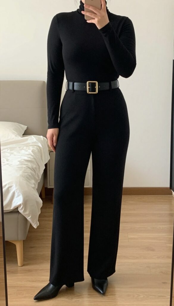 A woman in a turtleneck layered under a wide-leg jumpsuit with a statement belt, posing in a mirror selfie.