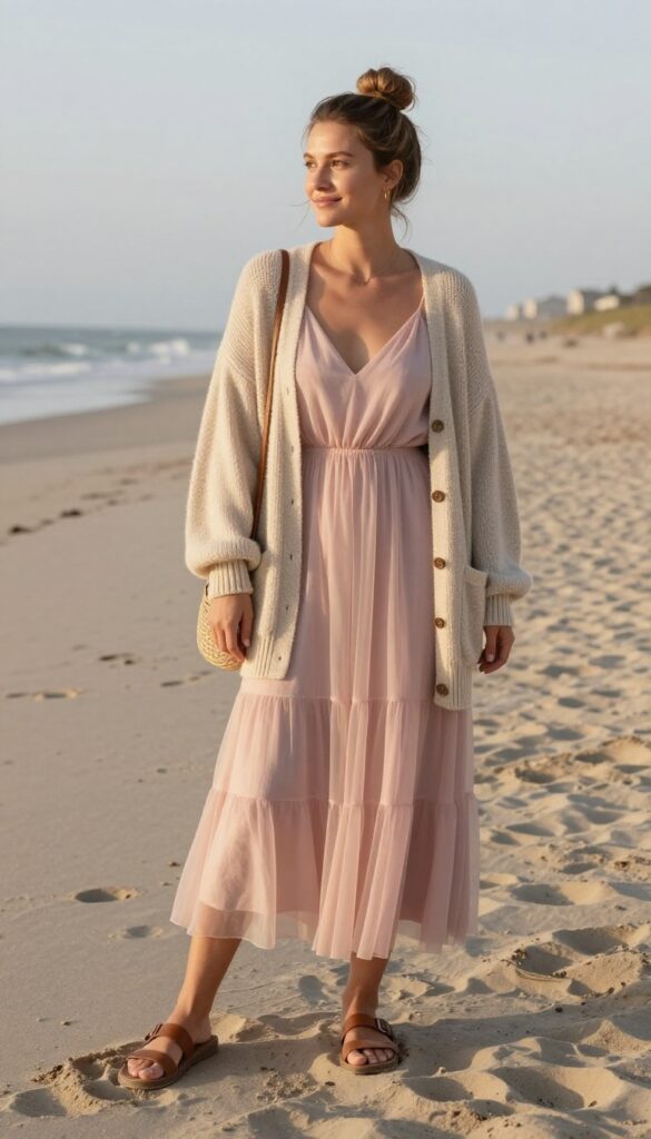 Casual beach wedding outfit: tulle maxi dress with knit cardigan, slide sandals, crossbody bag